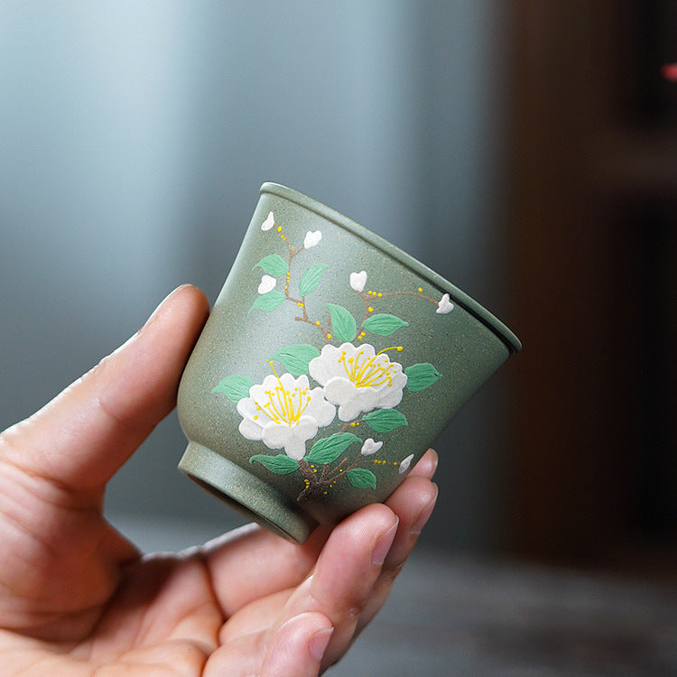 壶芝宴宜兴紫砂主人杯茶杯手工堆绘白牡丹紫砂杯品茗杯功夫茶具