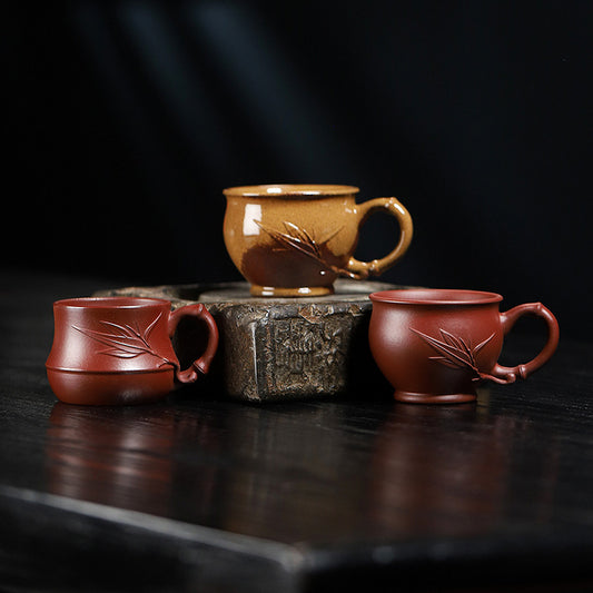 防烫手带把品茗杯宜兴原矿紫砂杯龙血砂小号紫砂茶杯茶具配件批发