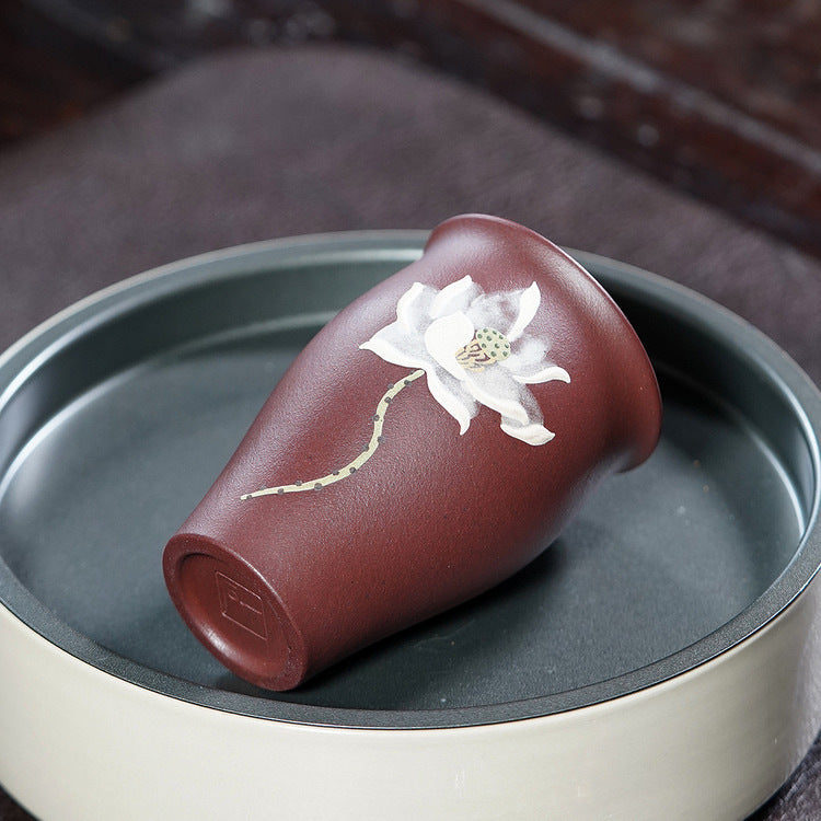 壶芝宴宜兴紫砂杯原矿紫泥泥绘荷花主人杯闻香杯功夫茶杯品茗杯