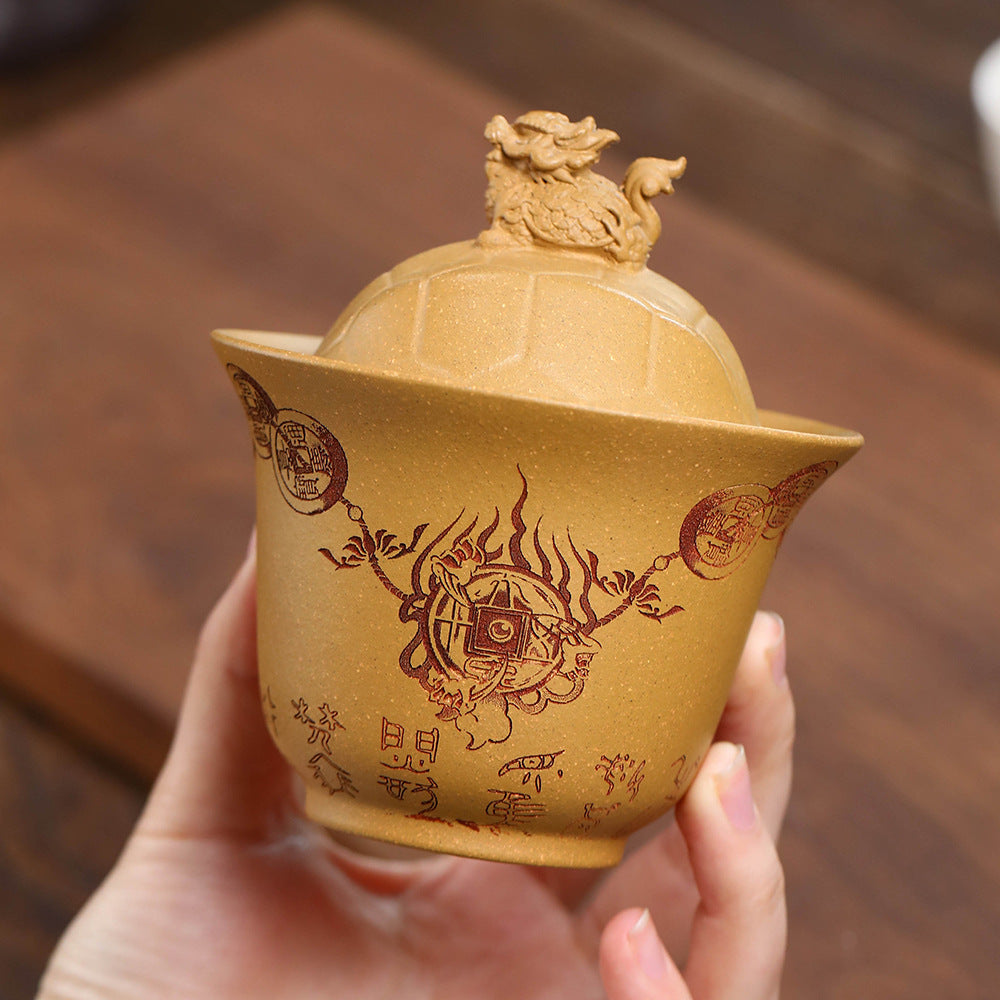 紫砂富甲一方盖碗140CC宜兴三才盖碗茶碗敬茶碗龙龟盖碗茶具套装配件