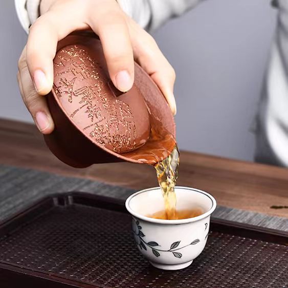 全纯手工100CC宜兴原矿正宗紫砂清凤盖碗茶杯单个刻绘高档茶具套装礼品