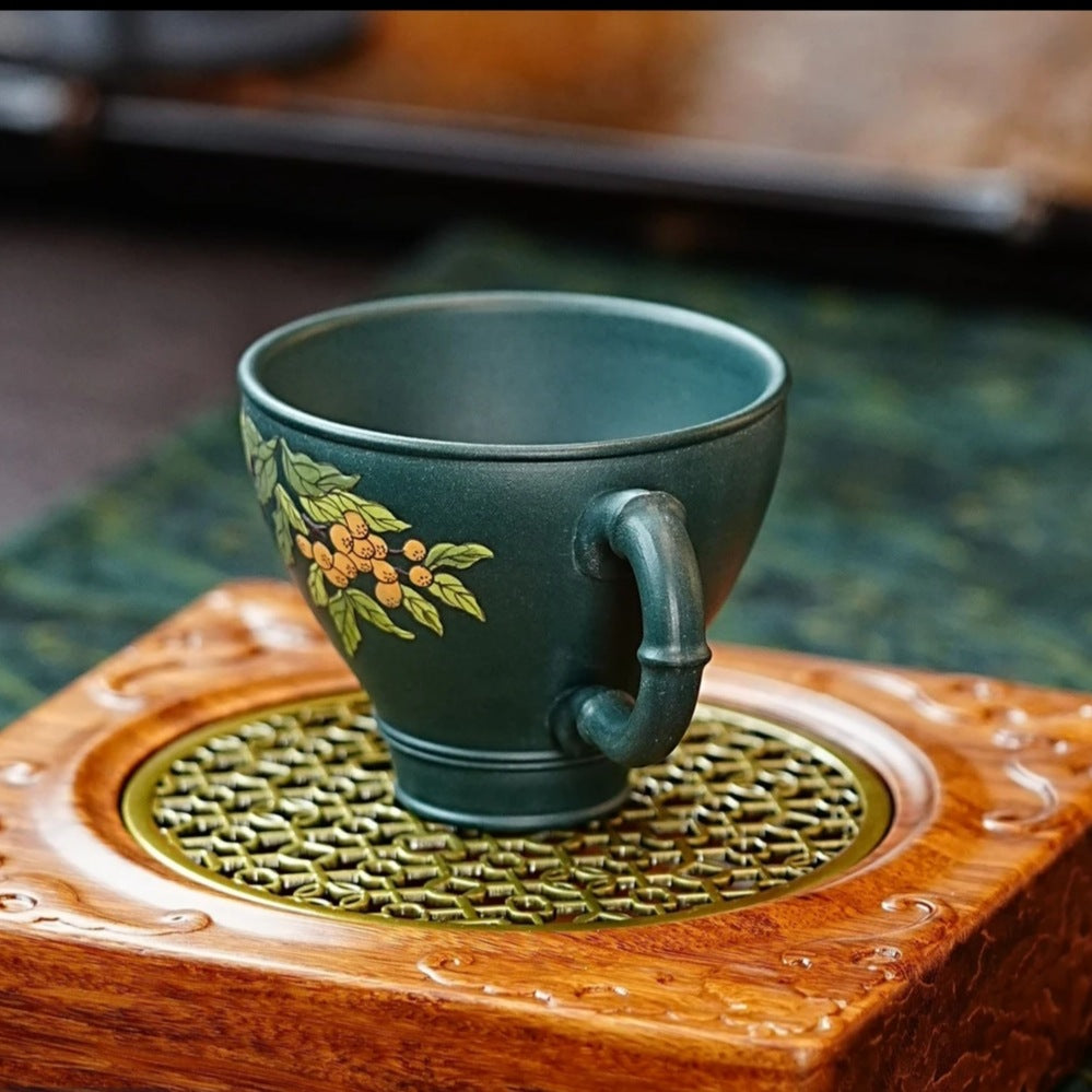 紫砂苏门答腊青带把高款全手工手绘高档茶具茶杯180毫升 喜上枝头