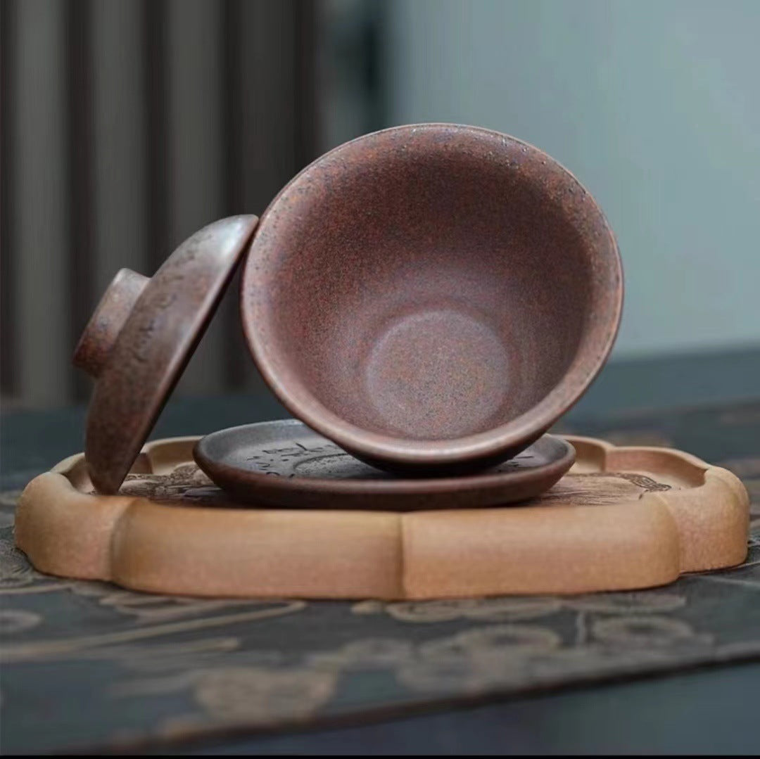 紫砂朱永良盖碗宜兴原矿龙骨金砂柴烧刻绘茶经盖碗主人杯150ml