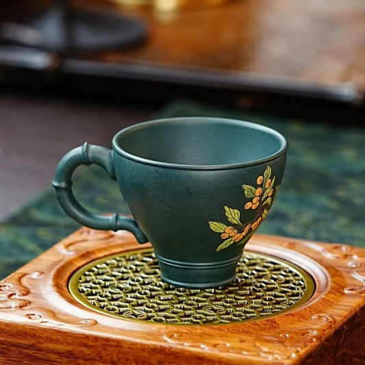 紫砂苏门答腊青带把高款全手工手绘高档茶具茶杯180毫升 喜上枝头