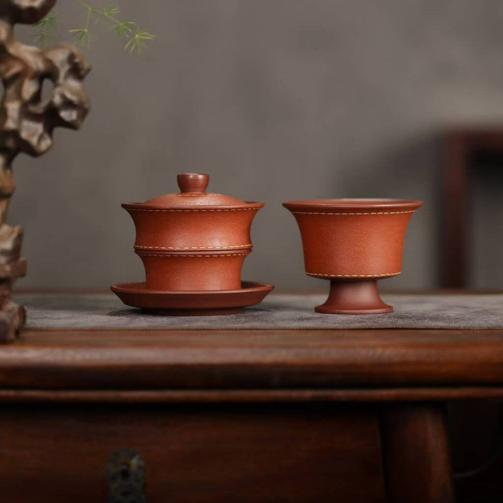 宜兴紫砂三才盖碗150CC/110CC创意皮革纹功夫茶具茶杯双色粉浆