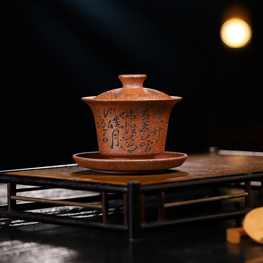 厂家批发创意可悬停紫砂三才盖碗家用功夫泡茶杯家用手工紫砂盖碗几款可选