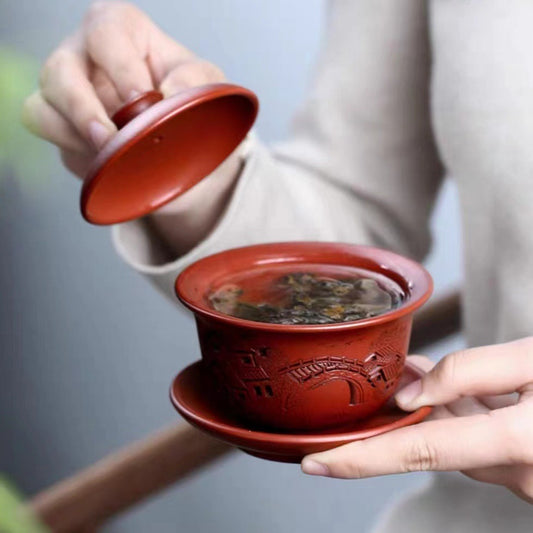 宜兴原矿紫砂杯泡茶杯大红袍江南小镇刻绘三才盖碗 140cc