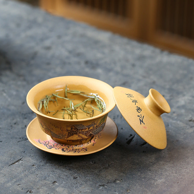 宜兴手工盖碗原矿黄金段泥150CC三才碗文人紫砂江南春朝茶碗茶杯刻绘