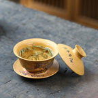 宜兴手工盖碗原矿黄金段泥150CC三才碗文人紫砂江南春朝茶碗茶杯刻绘