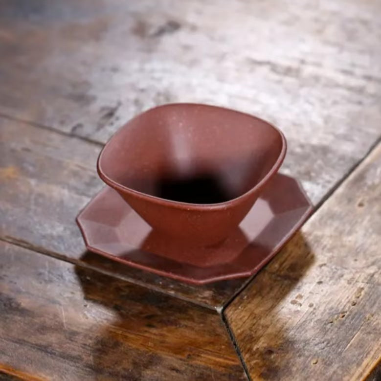 紫砂杯品茶杯一件代发原矿紫泥抽角四方茶杯垫套装含杯碟茶具批发