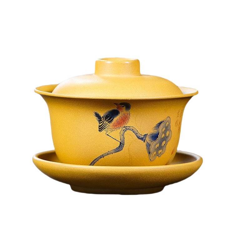 宜兴紫砂鸟趣盖碗180CC悬停盖碗功夫茶具莲蓬泡茶碗家用手工