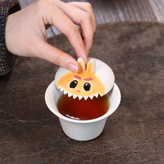 宜兴紫砂90CC拉布布三才盖碗手工泥绘敬茶碗泡茶杯兔子茶具套装配件