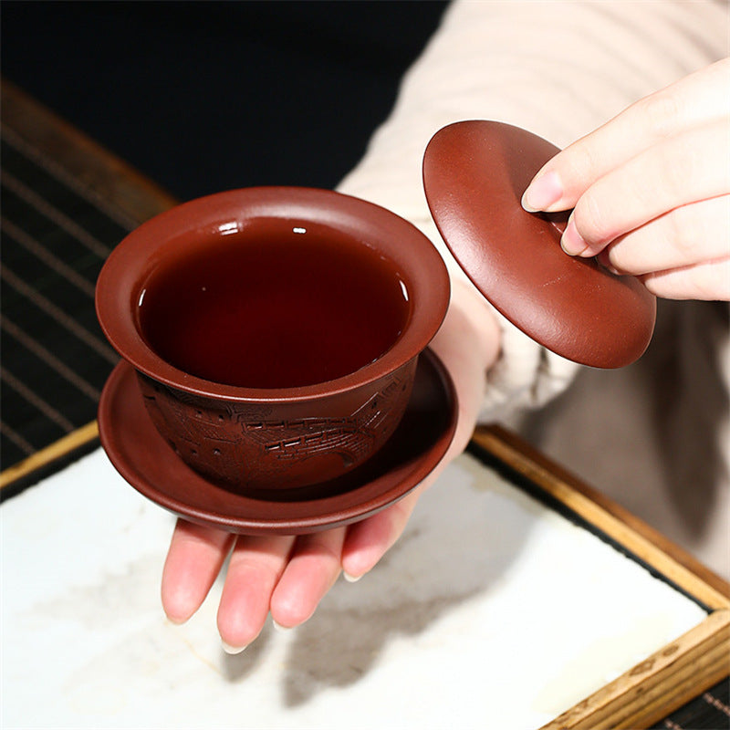 宜兴紫砂盖碗170CC原矿紫泥家用功夫茶杯全手工刻绘江南水乡茶碗批发