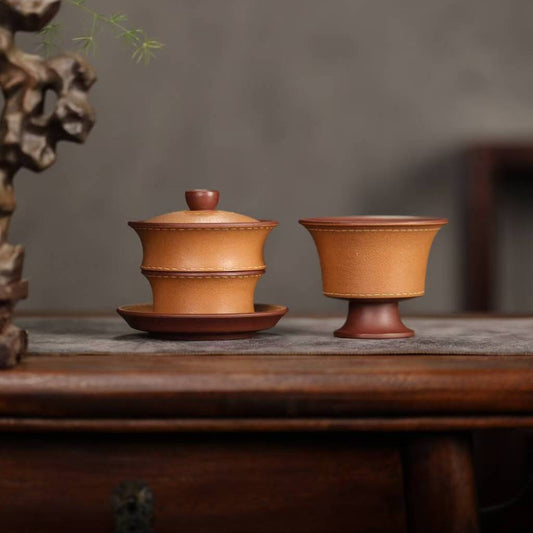 宜兴紫砂三才盖碗150CC/110CC创意皮革纹功夫茶具茶杯双色粉浆