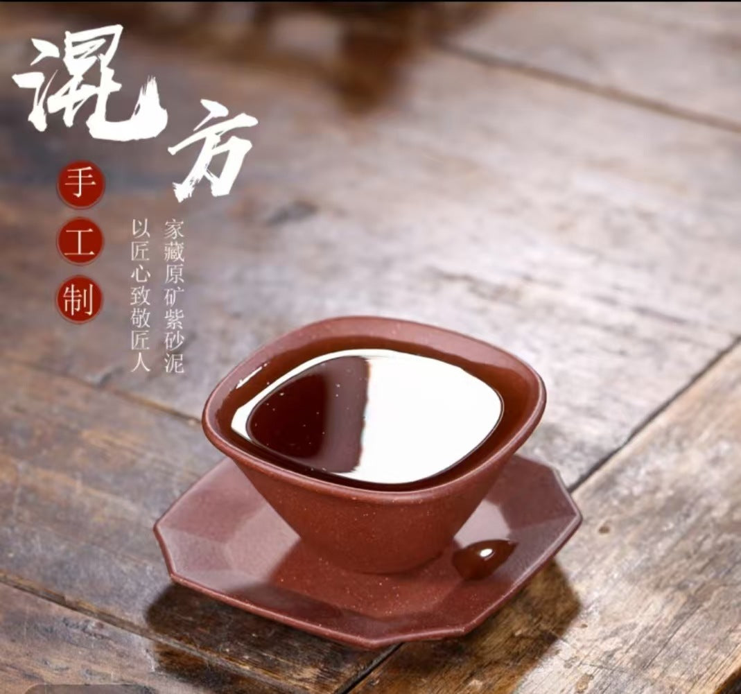 紫砂杯品茶杯一件代发原矿紫泥抽角四方茶杯垫套装含杯碟茶具批发
