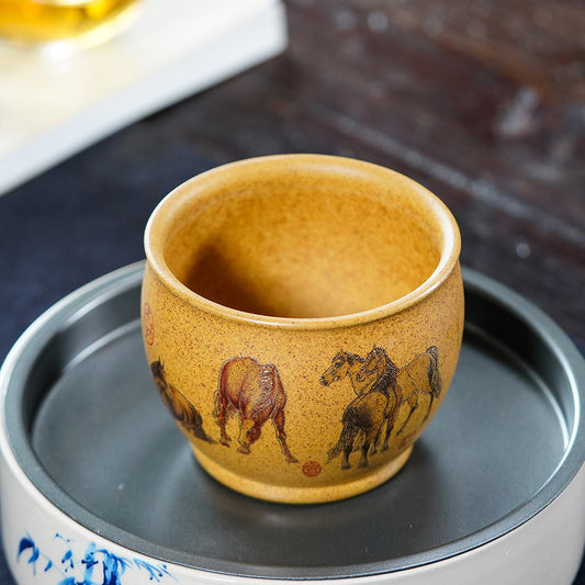 壶芝宴紫砂壶茶具龙骨金砂八骏图主人杯品茗杯