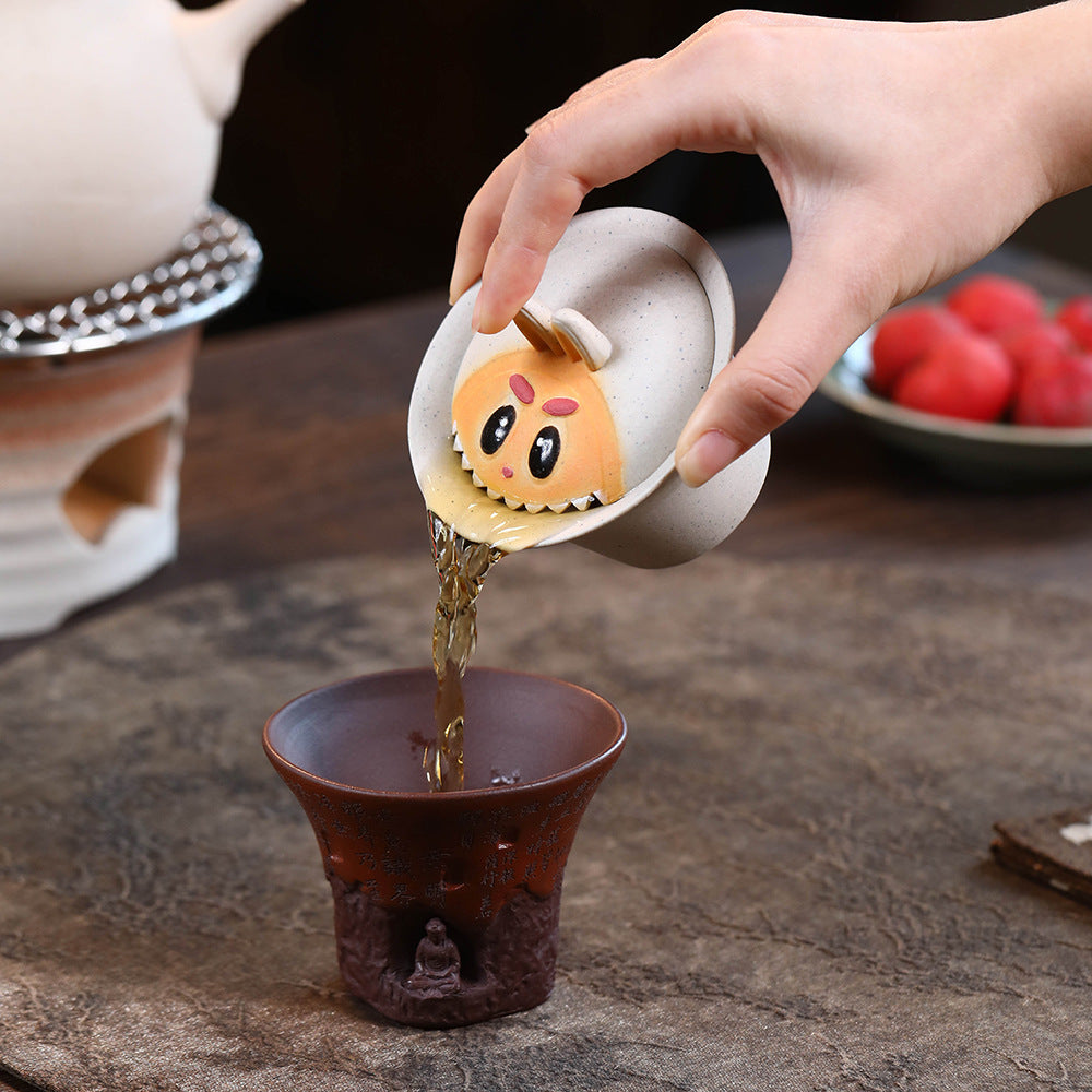 宜兴紫砂90CC拉布布三才盖碗手工泥绘敬茶碗泡茶杯兔子茶具套装配件