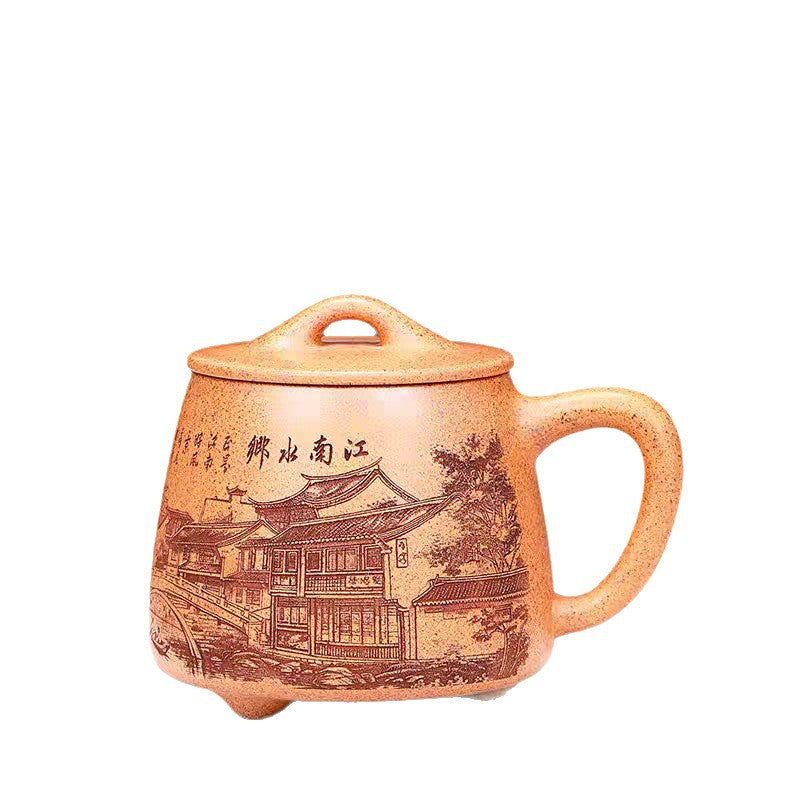 紫砂茶杯手工刻绘江南水乡石瓢精品带盖紫砂水杯  580毫升大容量
