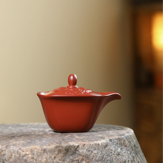 宜兴紫砂原矿朱泥大红袍荷叶盖碗茶具家居实用品茶精工批发170cc