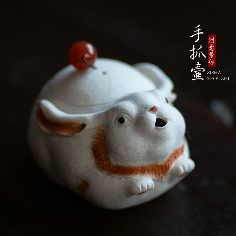 宜兴紫砂壶130CC原矿手工卡盖内网孔兔子手抓壶分茶器雕塑茶具泡茶盖碗