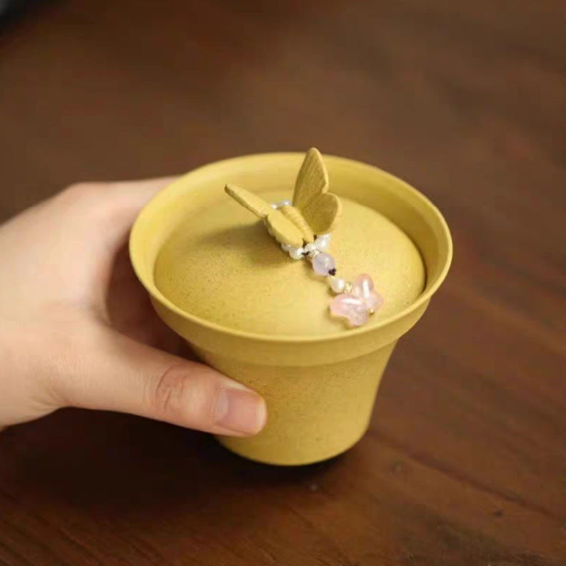 原矿紫砂精品茶具手工茶杯盖碗 套组 泡茶碗杯  玉兰花蝴蝶葫芦