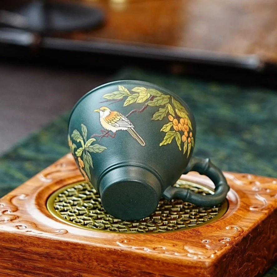 紫砂苏门答腊青带把高款全手工手绘高档茶具茶杯180毫升 喜上枝头