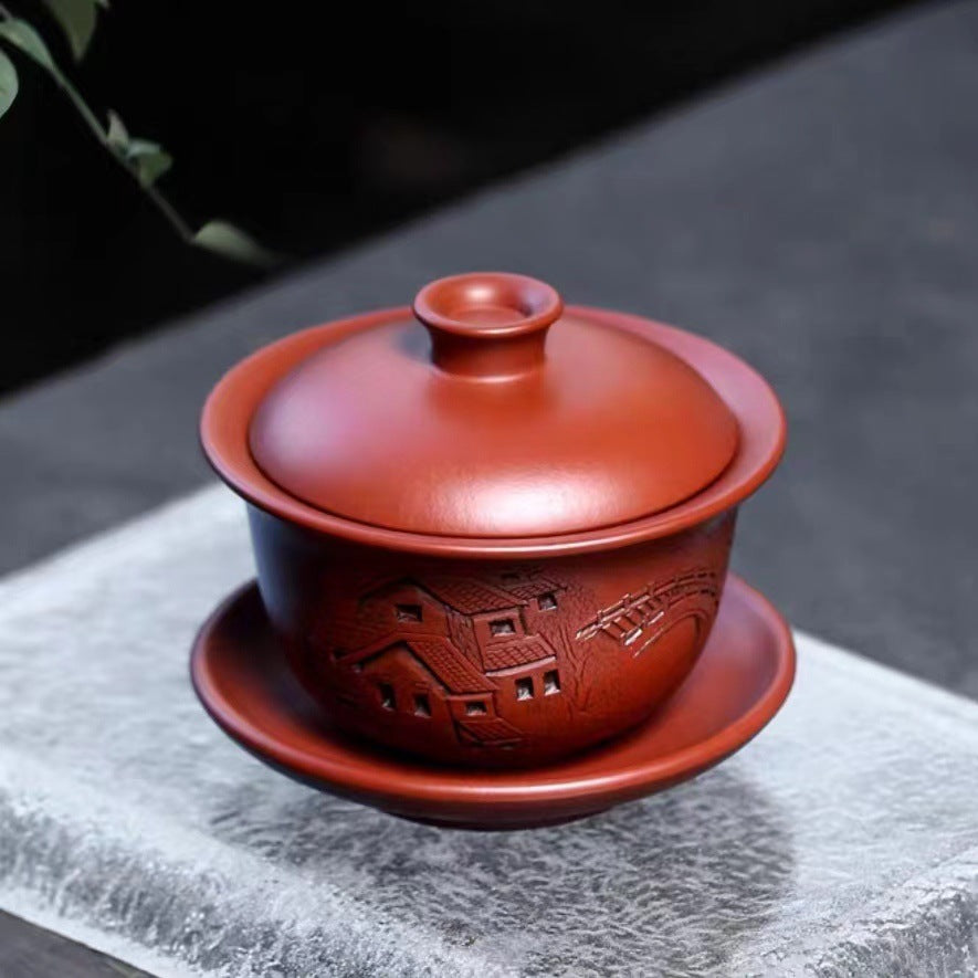 宜兴原矿紫砂杯泡茶杯大红袍江南小镇刻绘三才盖碗 140cc