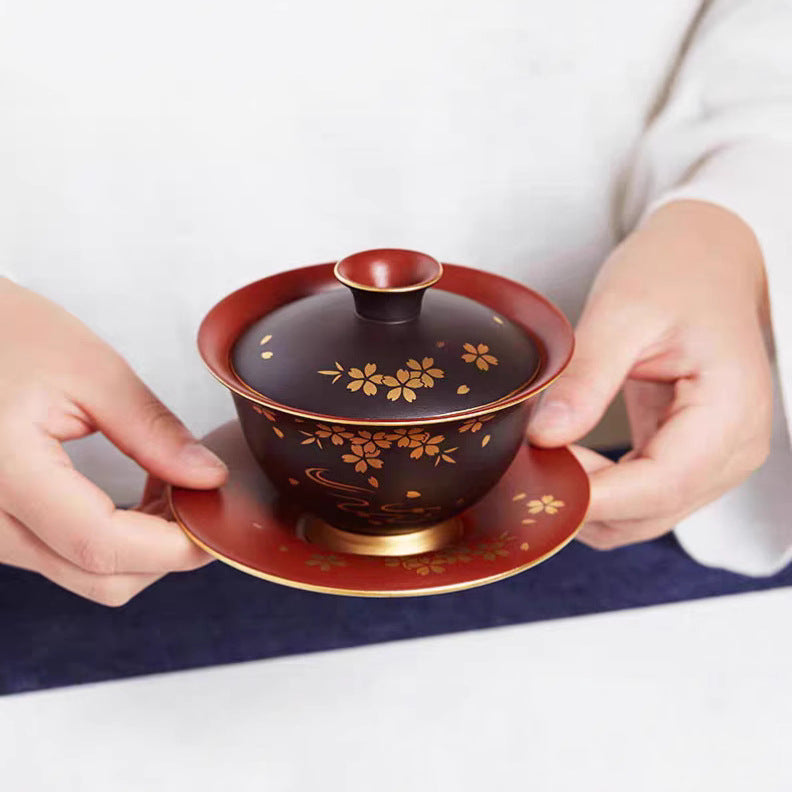 宜兴紫砂三才杯盖碗200CC单个茶碗带盖泡茶杯大号防烫陶瓷功夫茶具套装