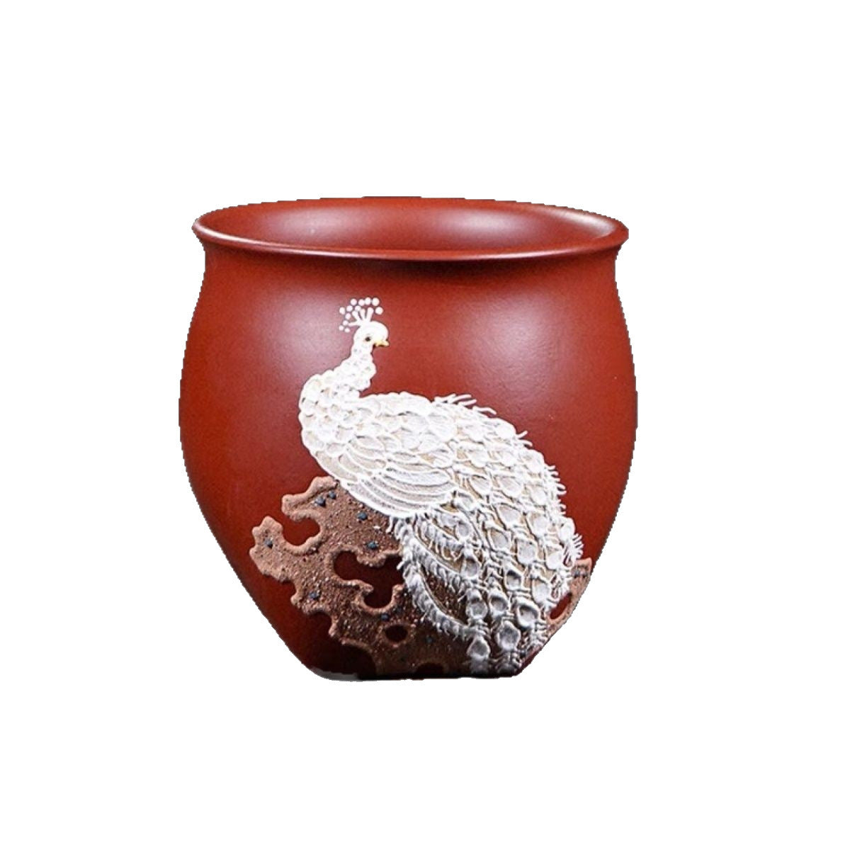 宜兴紫砂原矿大红袍天圆地方全手工堆绘孔雀功夫茶具个人品茗杯