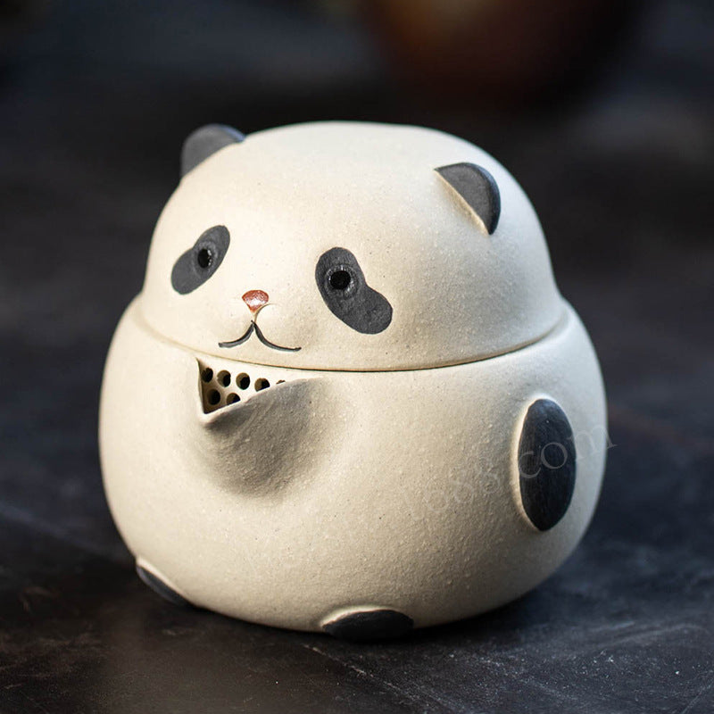 宜兴紫砂壶熊猫手抓壶200CC原矿手工分茶器茶叶罐雕塑茶具泡茶盖碗