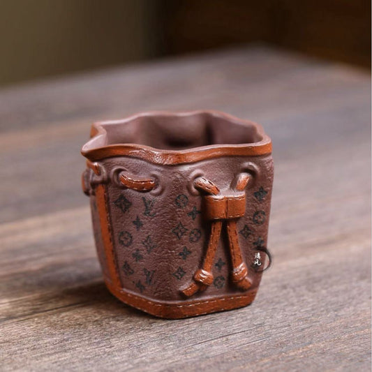 宜兴紫砂【包包茶壶 茶杯】240CC/170CC/110CC网红包包造型紫砂壶老紫泥创意款茶壶