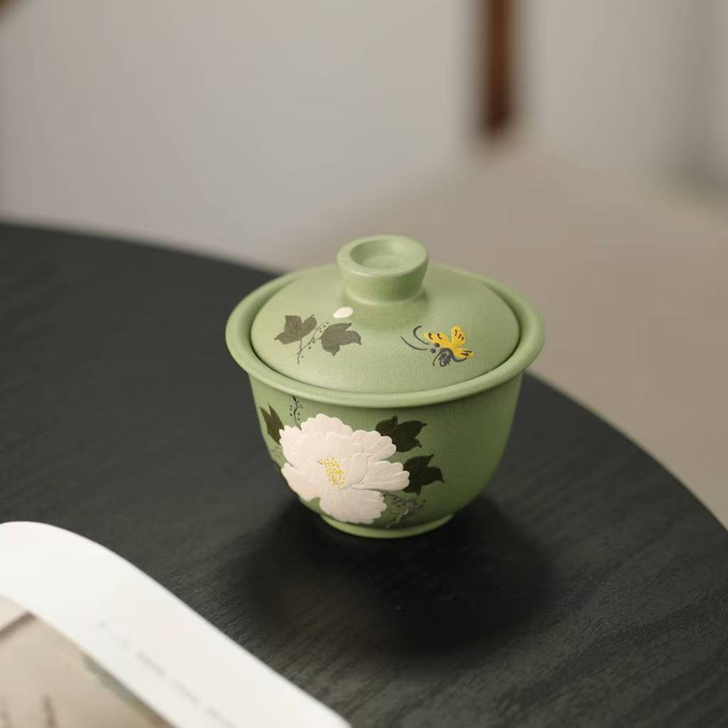 宜兴紫砂盖碗160CC创意手工泥绘两才盖碗原矿豆青砂家用紫砂杯功夫茶具