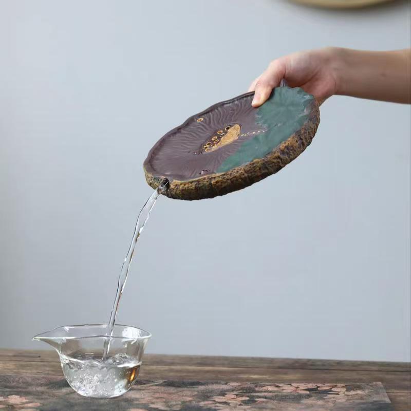 宜兴紫砂壶干泡台家用储水式小茶盘茶道配件手工荷塘月色壶承直径19CM