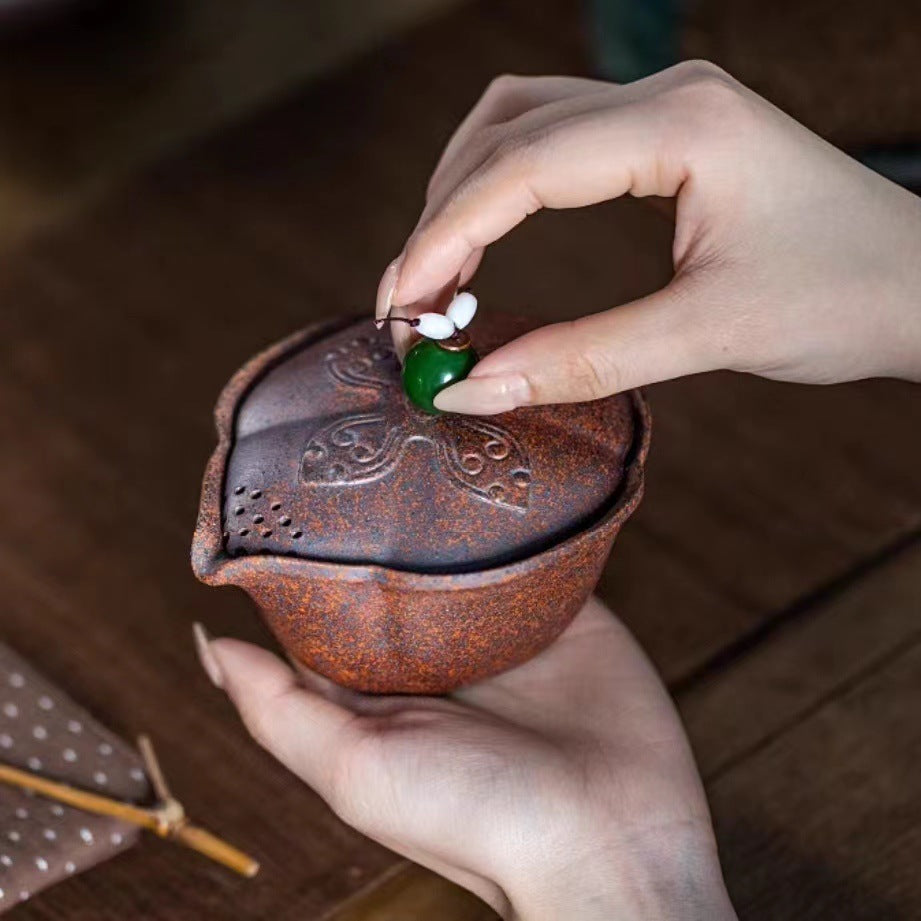 宜兴紫砂手抓壶龙骨金砂盖碗180CC复古手工茶具套装创意茶具一体莲蓬