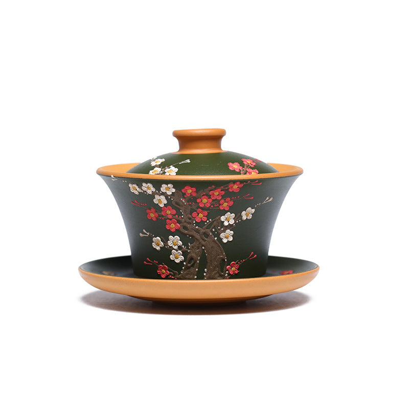 宜兴紫砂壶原矿黄龙山150CC三才盖碗立体泥绘梅花茶具泡茶碗