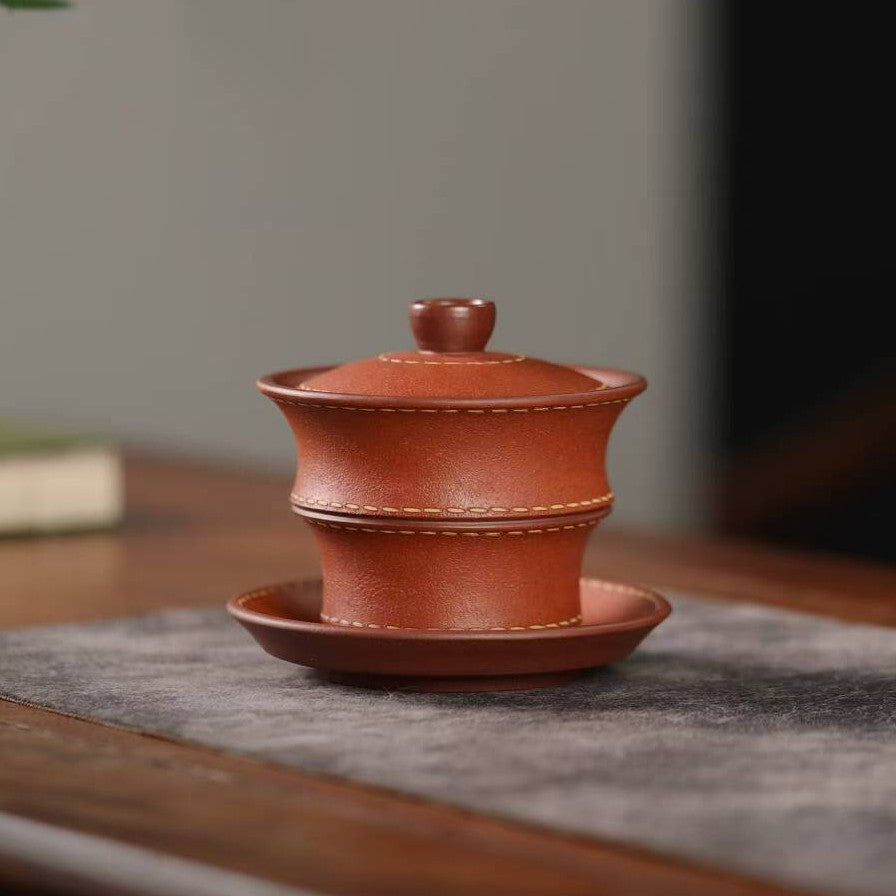 宜兴紫砂三才盖碗150CC/110CC创意皮革纹功夫茶具茶杯双色粉浆