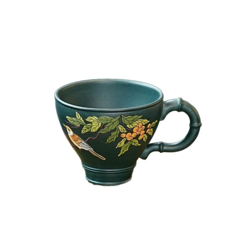 紫砂苏门答腊青带把高款全手工手绘高档茶具茶杯180毫升 喜上枝头