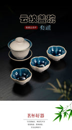 紫砂云纹盖碗套组原矿白玉段泥140CC三才碗批发茶壶套装手工手抓壶厂家