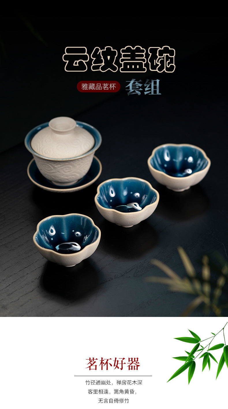 紫砂云纹盖碗套组原矿白玉段泥140CC三才碗批发茶壶套装手工手抓壶厂家