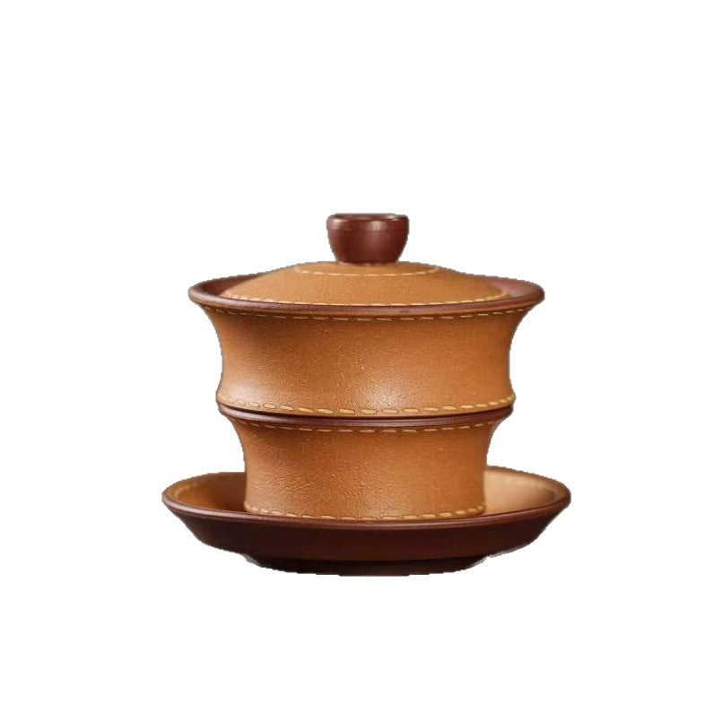 宜兴紫砂三才盖碗150CC/110CC创意皮革纹功夫茶具茶杯双色粉浆