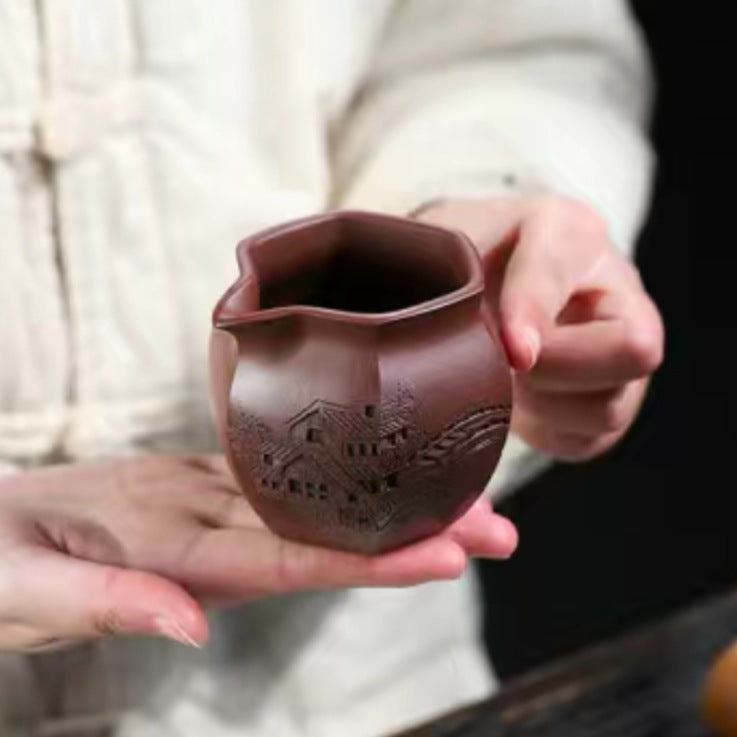宜兴名家手工六方龙血砂浮雕刻绘江南风公道杯茶道分茶器220毫升