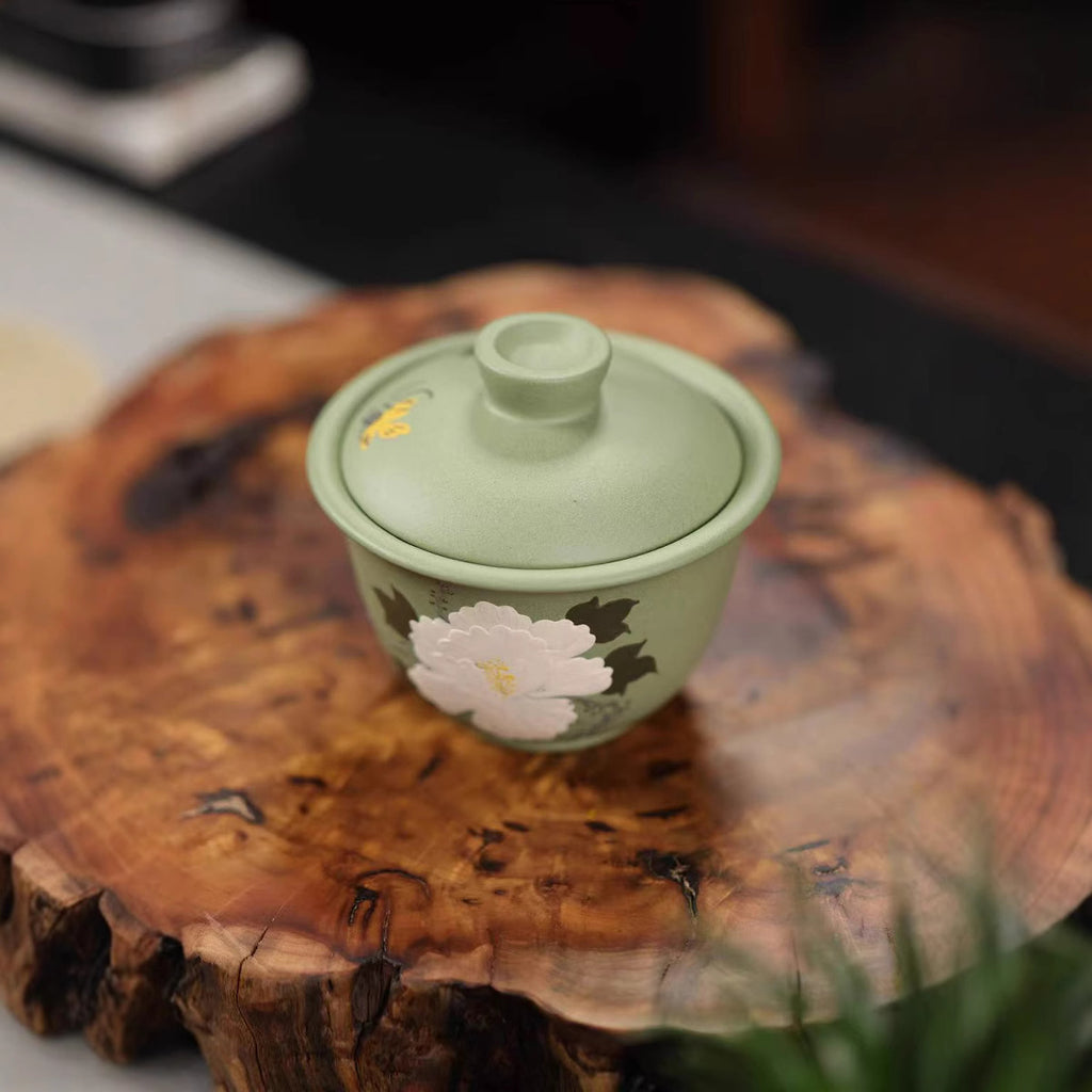 宜兴紫砂盖碗160CC创意手工泥绘两才盖碗原矿豆青砂家用紫砂杯功夫茶具