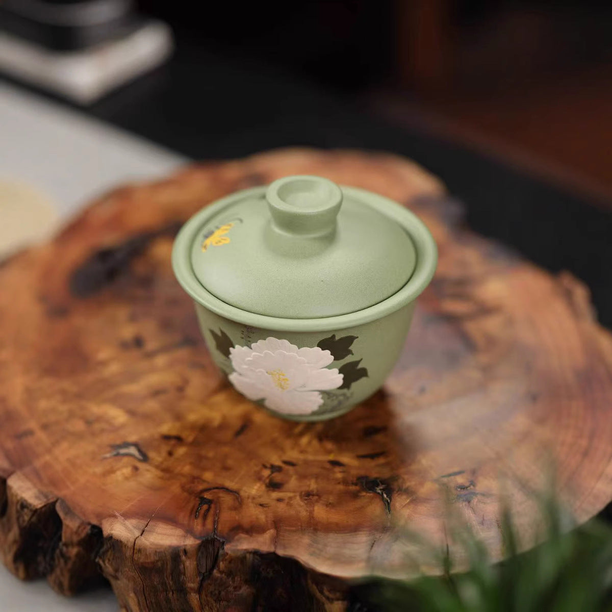 宜兴紫砂盖碗160CC创意手工泥绘两才盖碗原矿豆青砂家用紫砂杯功夫茶具