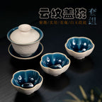 紫砂云纹盖碗套组原矿白玉段泥140CC三才碗批发茶壶套装手工手抓壶厂家