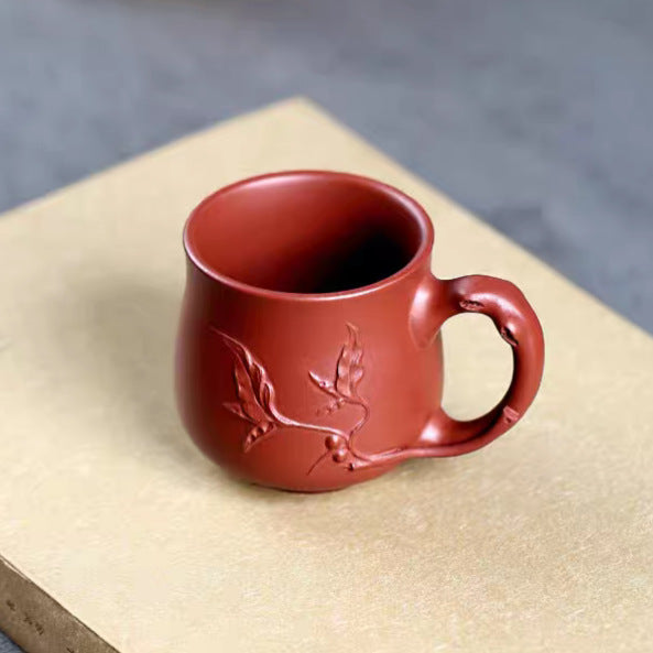 宜兴紫砂主人杯原矿大红袍纯手工贴花寿桃带把茶杯子浮雕功夫茶具