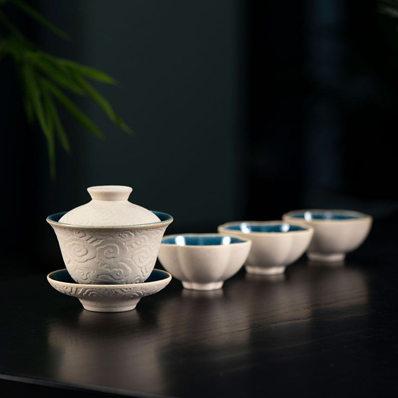 紫砂云纹盖碗套组原矿白玉段泥140CC三才碗批发茶壶套装手工手抓壶厂家