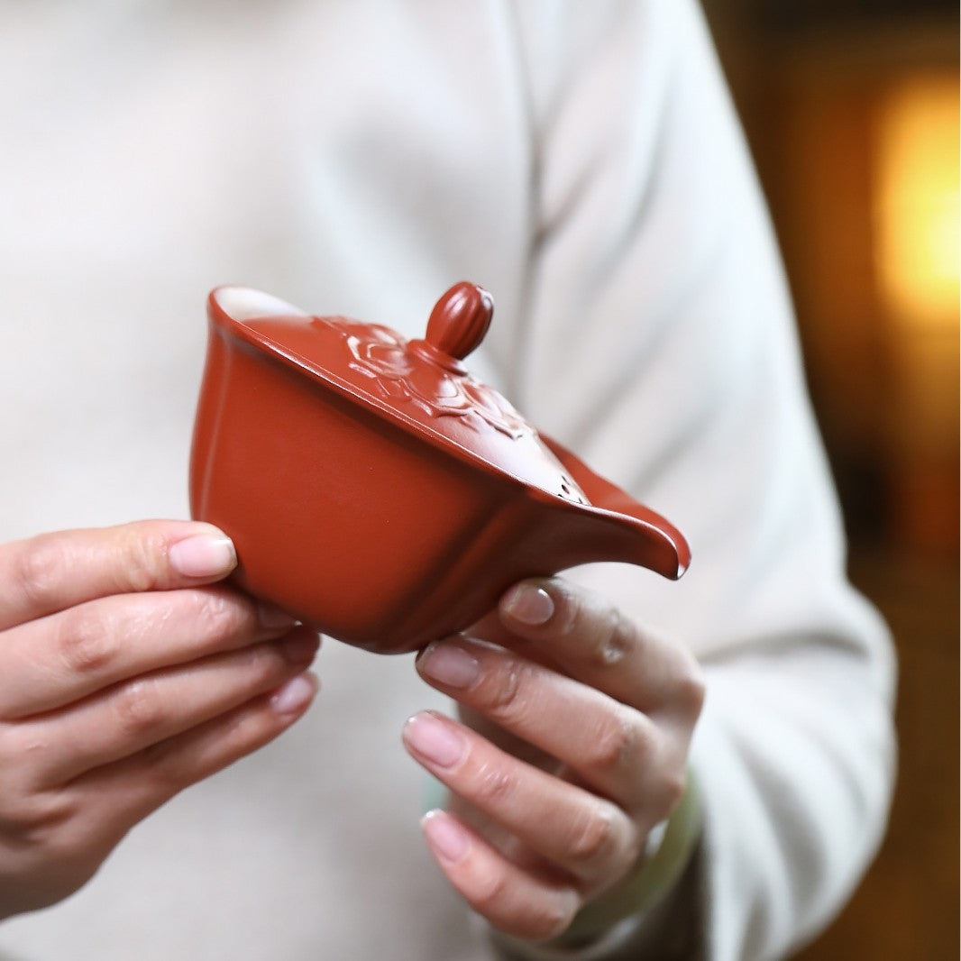 宜兴紫砂原矿朱泥大红袍荷叶盖碗茶具家居实用品茶精工批发170cc