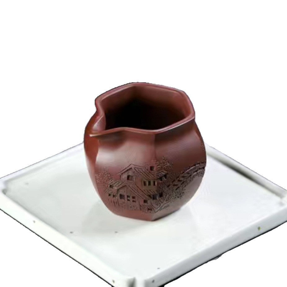 宜兴名家手工六方龙血砂浮雕刻绘江南风公道杯茶道分茶器220毫升