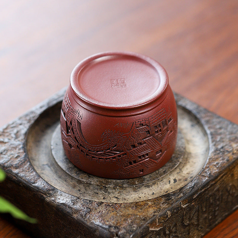 批发宜兴紫砂杯子全手工刻绘江南水乡主人杯原矿紫泥家用紫砂茶杯