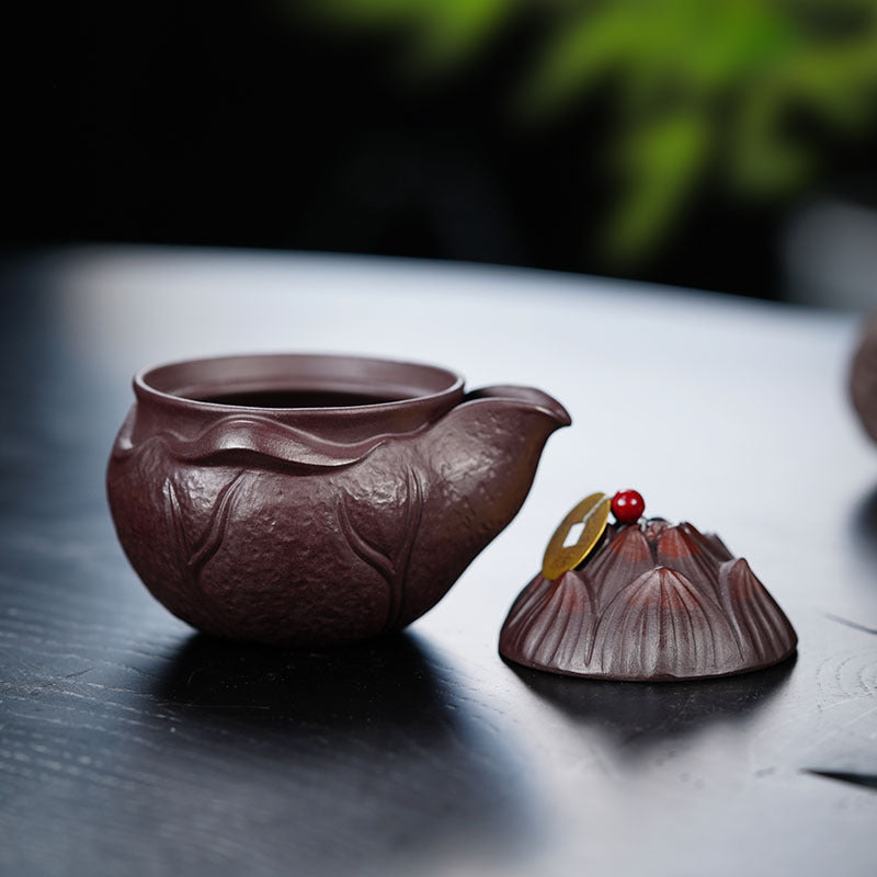 荷花盖碗批发茶具170CC快客杯紫泥紫砂杯子宜兴正品三才盖碗
